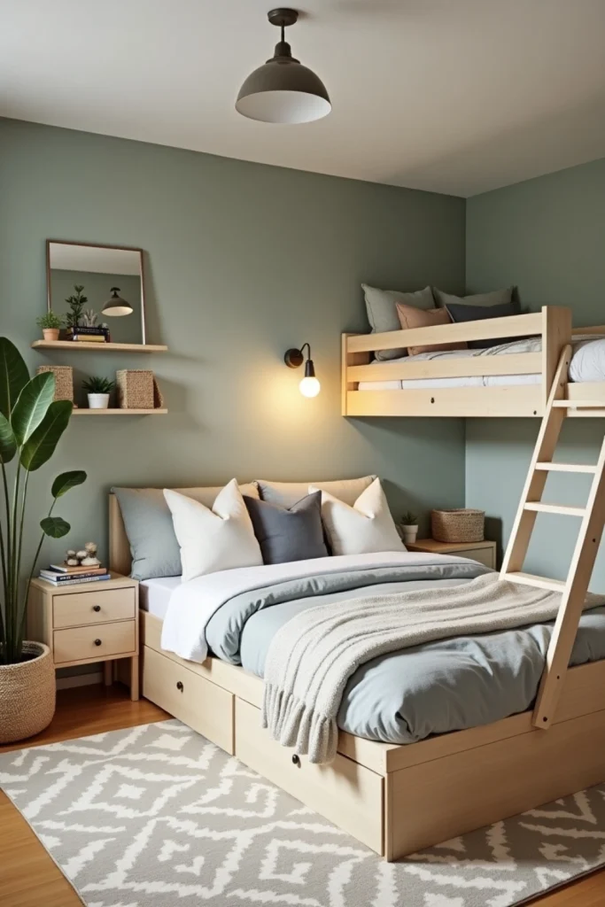 Scandinavian family bedroom with bunk bed storage, queen bed, floating shelves, and soft textiles.