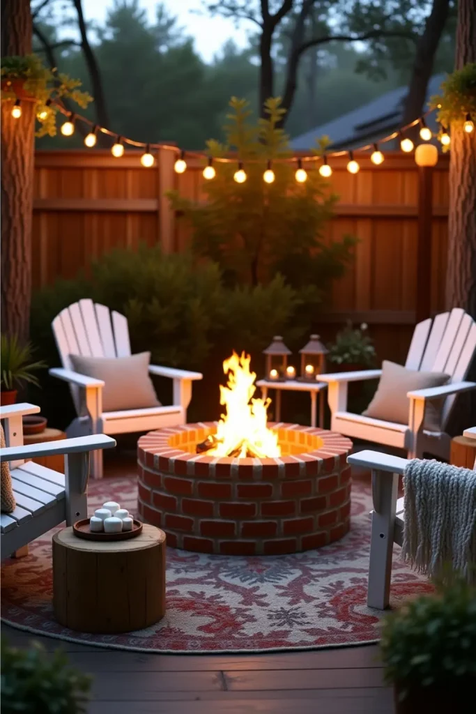 Rustic fire pit setup with Adirondack chairs, warm string lights, blankets, and s’mores tray.