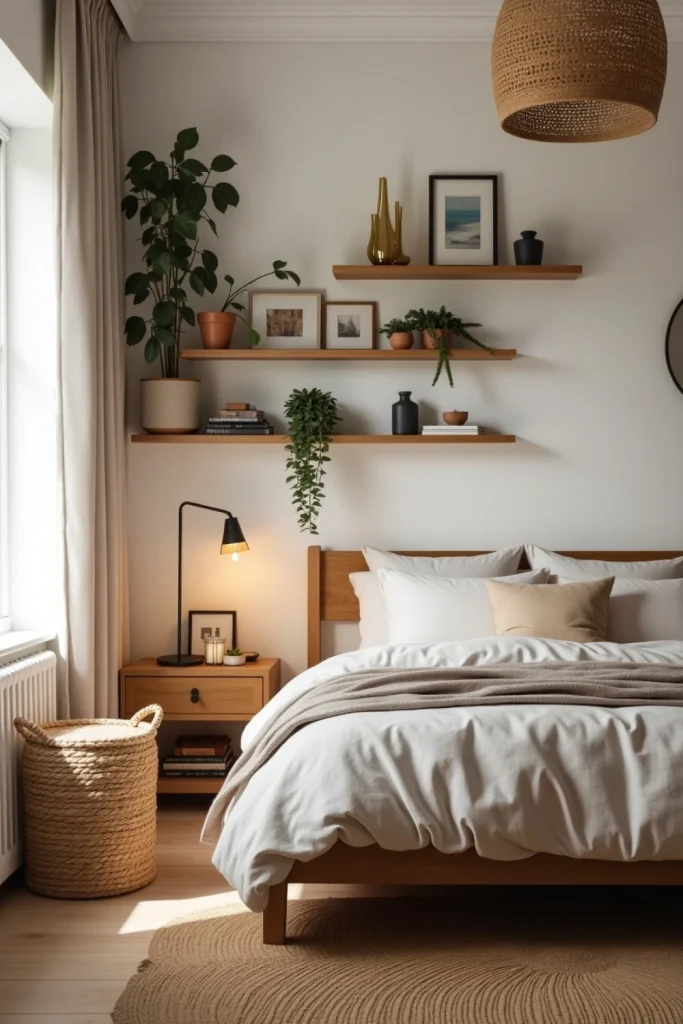 Floating oak shelves in a boho bedroom display plants, books, and art above a cozy linen-covered bed.