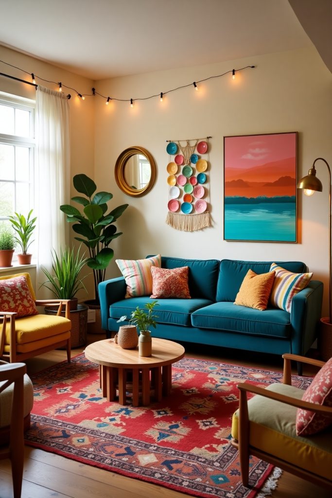 Eclectic Boho living room with teal sofa, bold art, layered rugs, plants, and vintage charm.