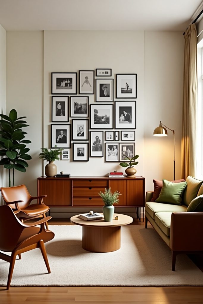 Mid-century living room with photo wall, green sofa, shag rug, warm lighting, and plants