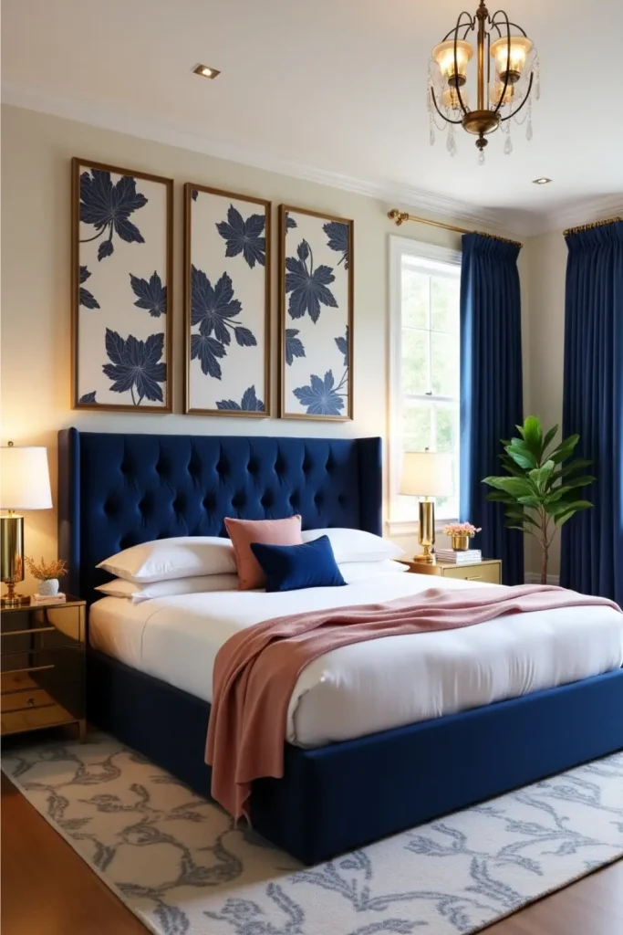 Framed navy floral wallpaper panels above velvet bed with blush textiles and gold decor accents.