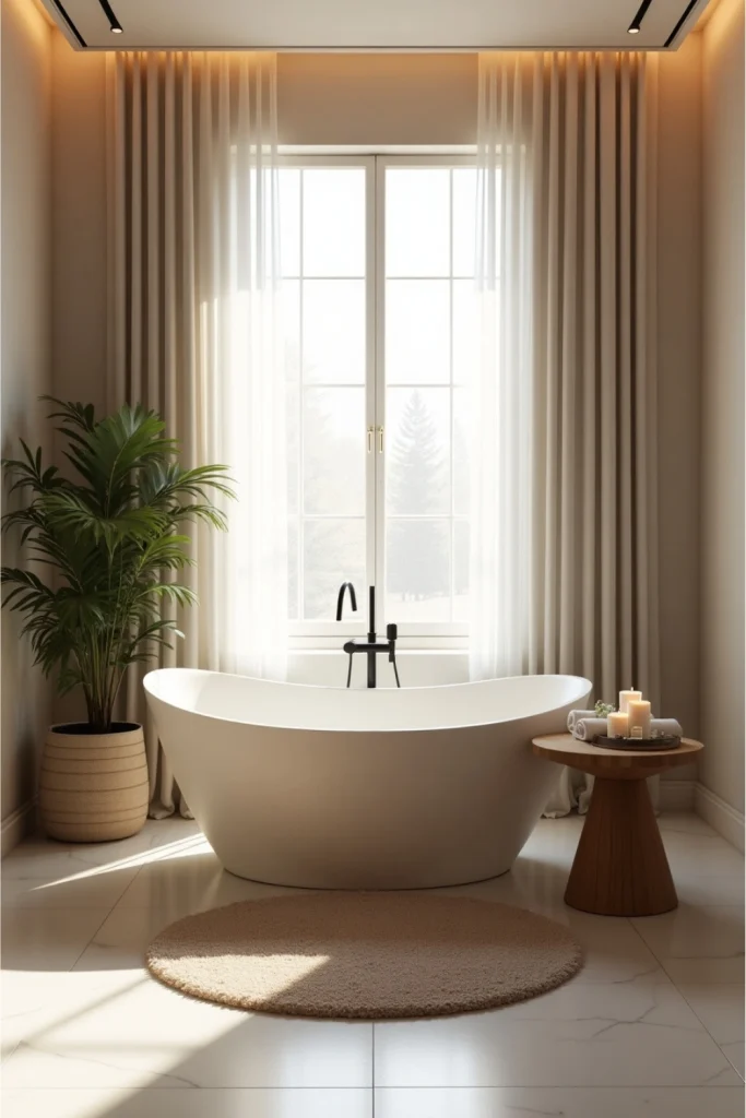 Luxury bathroom with freestanding tub, soft light, marble floor, rug, plants, and gold accents.