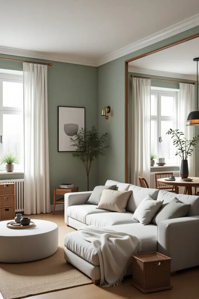 Scandinavian-style living dining combo with neutral tones, ottoman, crates, and soft lighting.