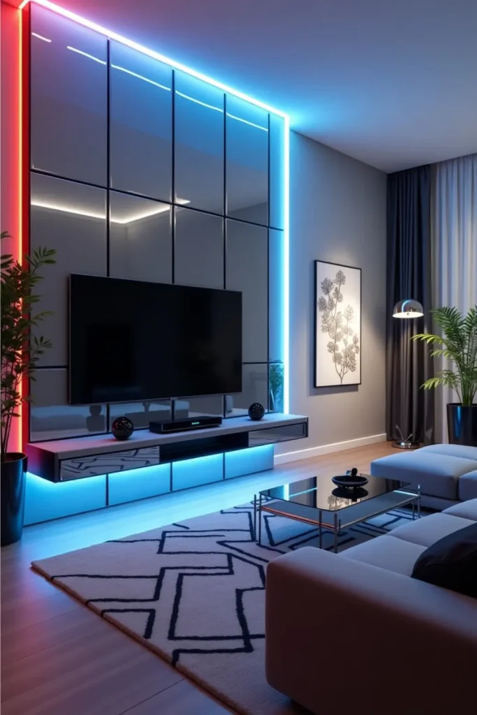 Futuristic TV wall with LED lighting, metallic tiles, and floating console in a sleek modern living room.