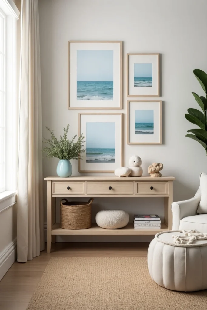 Coastal gallery wall with ocean art, driftwood, and plants above a light wood console in soft lighting.