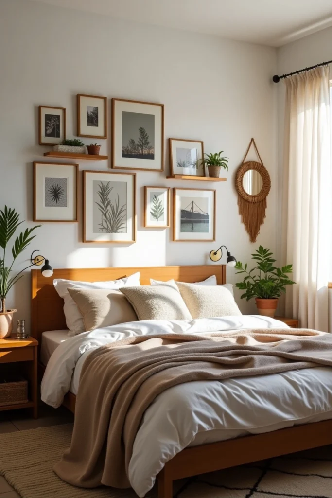 Eclectic boho bedroom gallery wall with photos, art, and vintage frames above cozy layered bed.