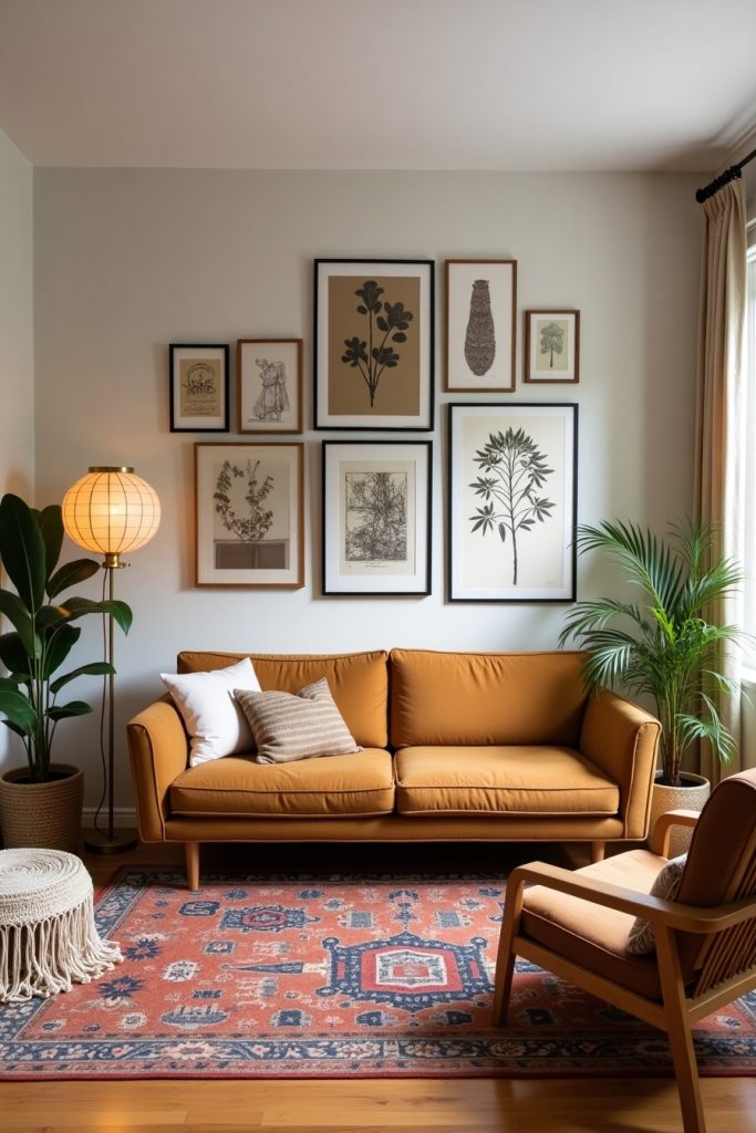 Boho-modern living room with eclectic gallery wall, camel sofa, plants, and warm layered textures.