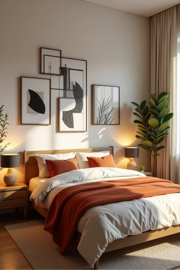 Modern bedroom with geometric wall art, terracotta accents, warm lighting, and cozy layered textiles.