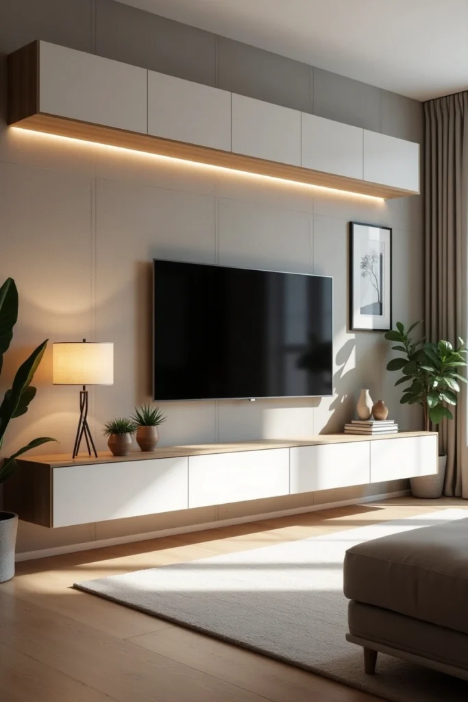 Scandinavian TV wall with hidden drawers, oak accents, soft rug, ambient light, and indoor plants.