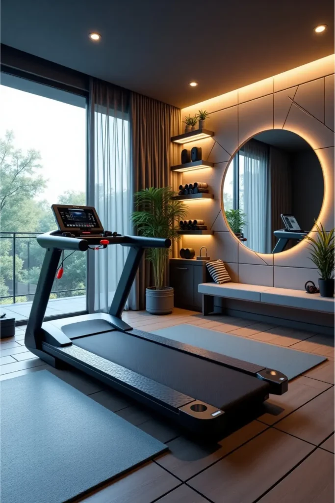 Futuristic fitness room with treadmill, smart mirror, bold floor, LED lights, and yoga zone near window.