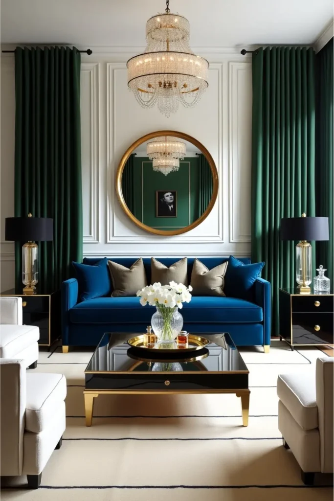 Luxurious Hollywood Regency living room with velvet sofa, gold accents, and Art Deco flair.