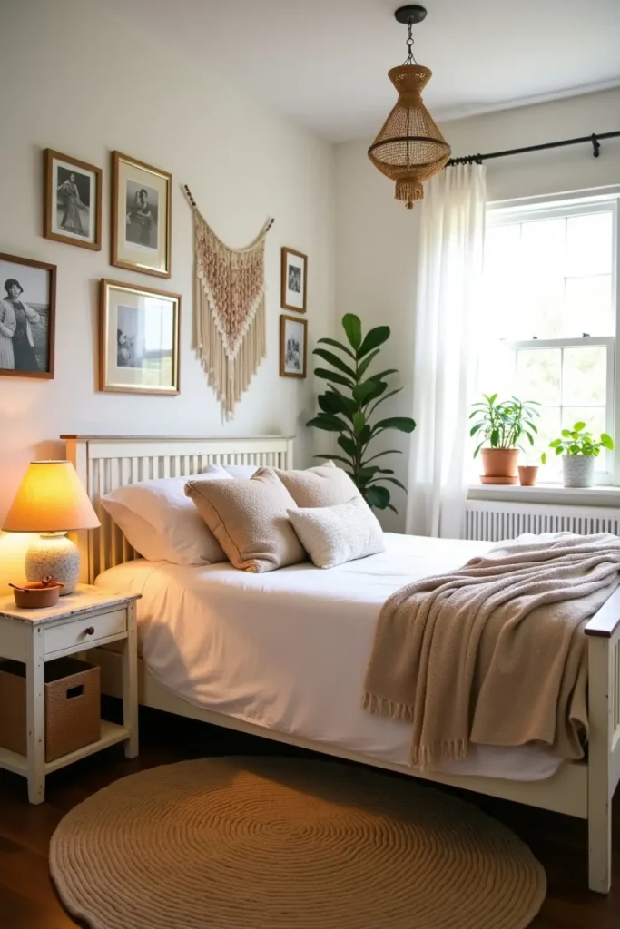 Cozy boho bedroom with vintage furniture, gallery wall, jute rug, plants, and soft warm lighting.