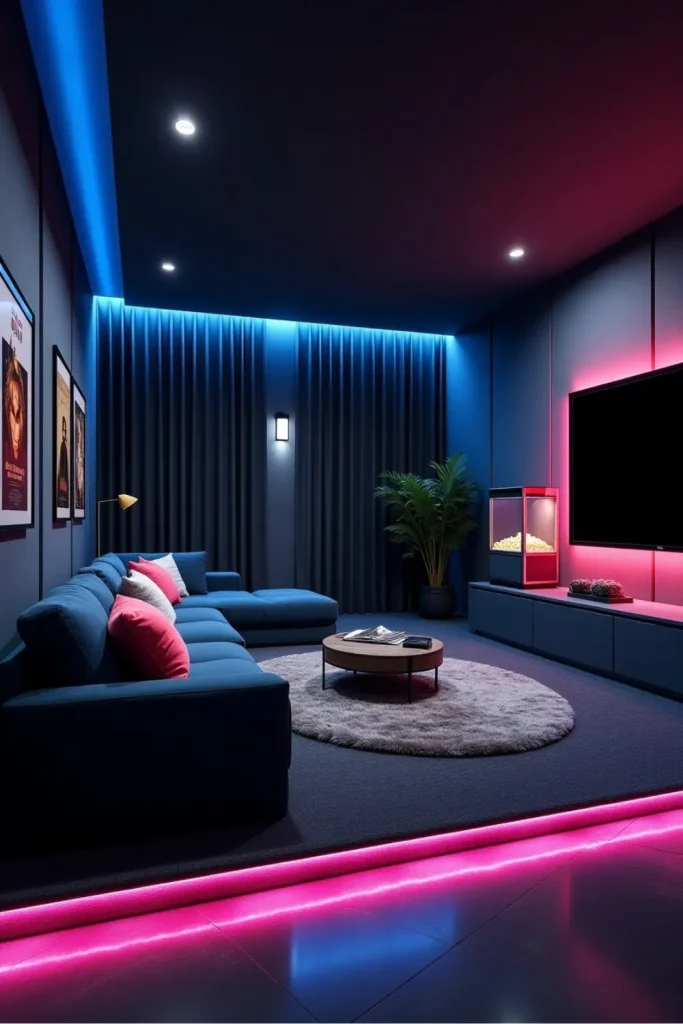Home theater with neon lights, plush sofas, large TV, and popcorn machine in a cozy, dark room.