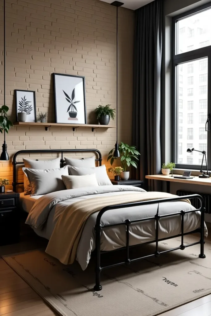 Industrial black and beige bedroom with iron bed, faux brick wall, and cozy layered textiles.