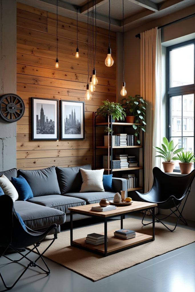 Urban chic living room with wood wall, pipe shelves, gray sofa, Edison lights, and plants
