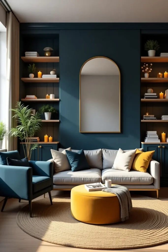 Modern navy and mustard living room with shelving, mirror, plants, and cozy textures in natural light.