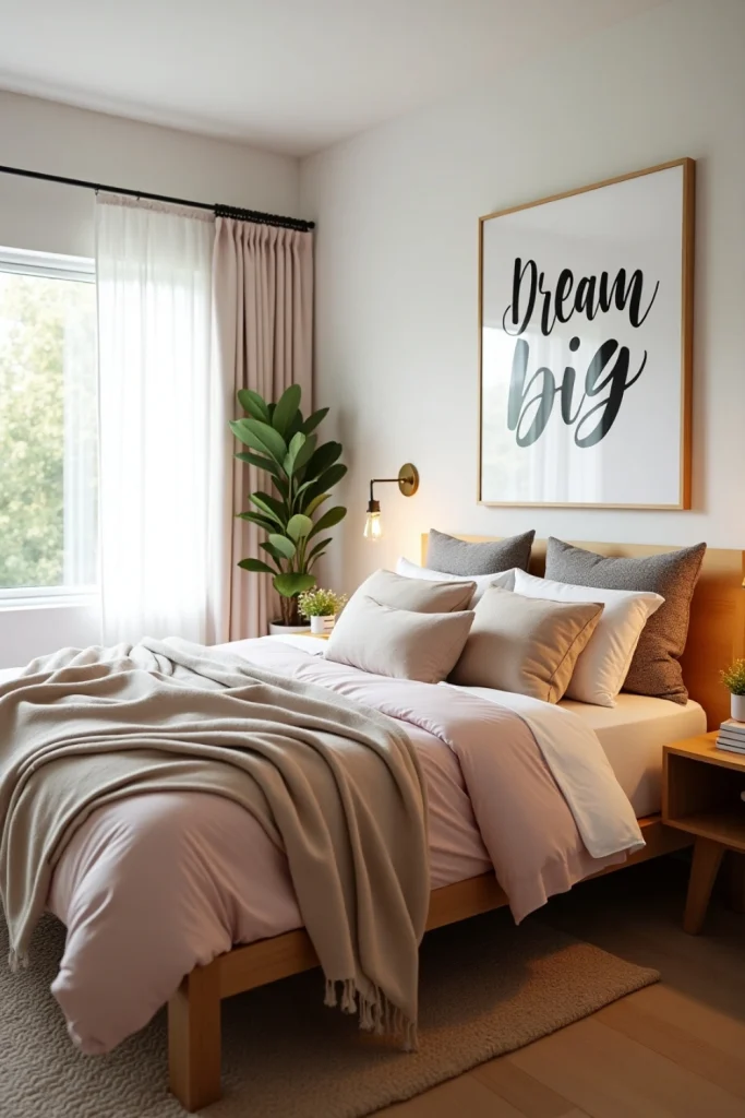 Framed “Dream Big” quote above cozy bed with soft linens, plants, and warm ambient bedroom lighting