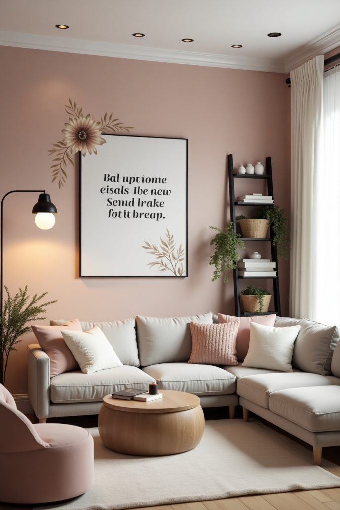 Cozy minimalist living room with blush quote wall, floral decals, grey sofa, and warm lighting