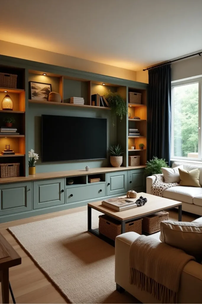 Cozy sage green TV room with linen sofa, jute rug, plants, and warm lighting for movie nights.