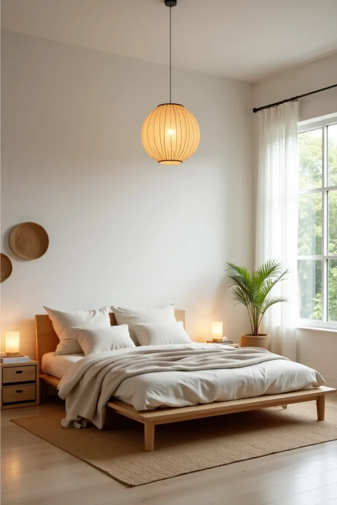 Japandi bedroom with low wood bed, paper lantern, neutral bedding, plant, and crate nightstands.