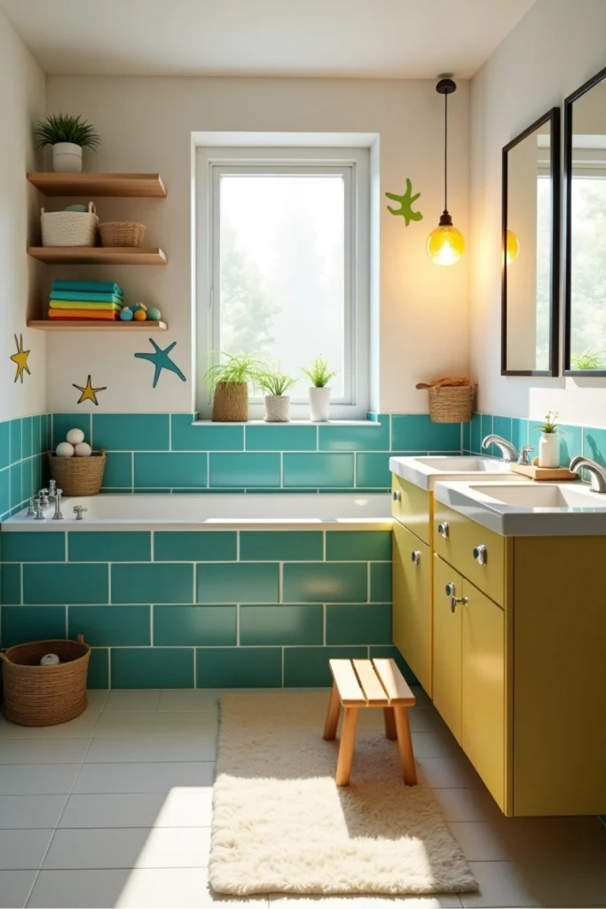 Cheerful kid-friendly bathroom with bright tiles, toy baskets, step stool, and playful wall decals.