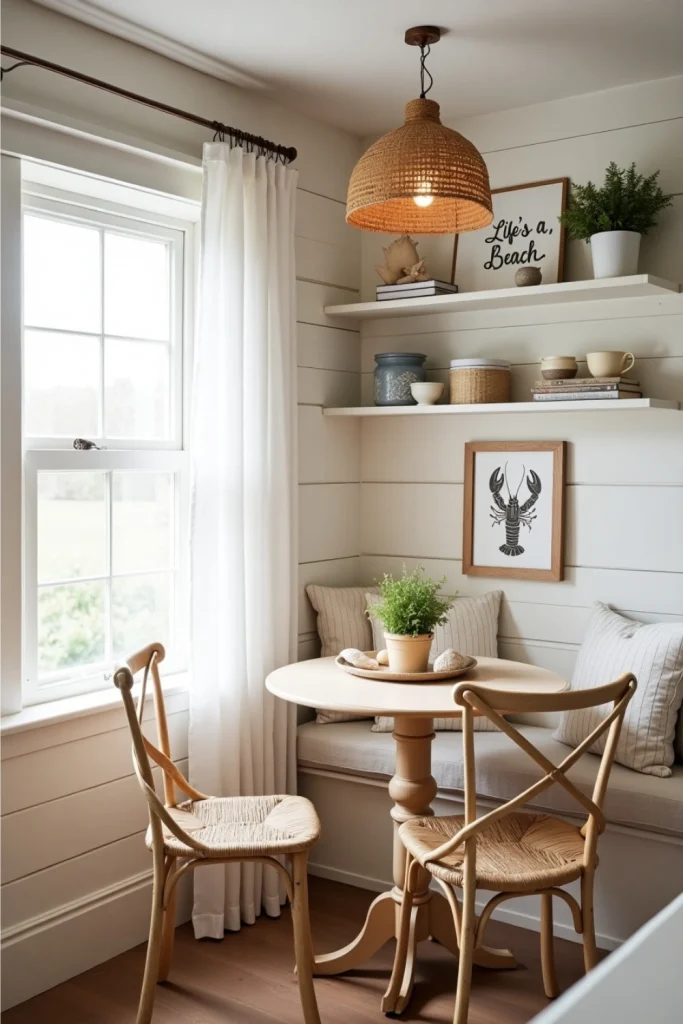 Coastal kitchen with lobster sketch, “Life’s a Beach” sign, beachy textures, and warm natural light.