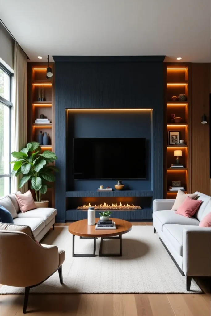 Modern living room with navy TV niche, wood accents, floating shelves, and cozy neutral seating.