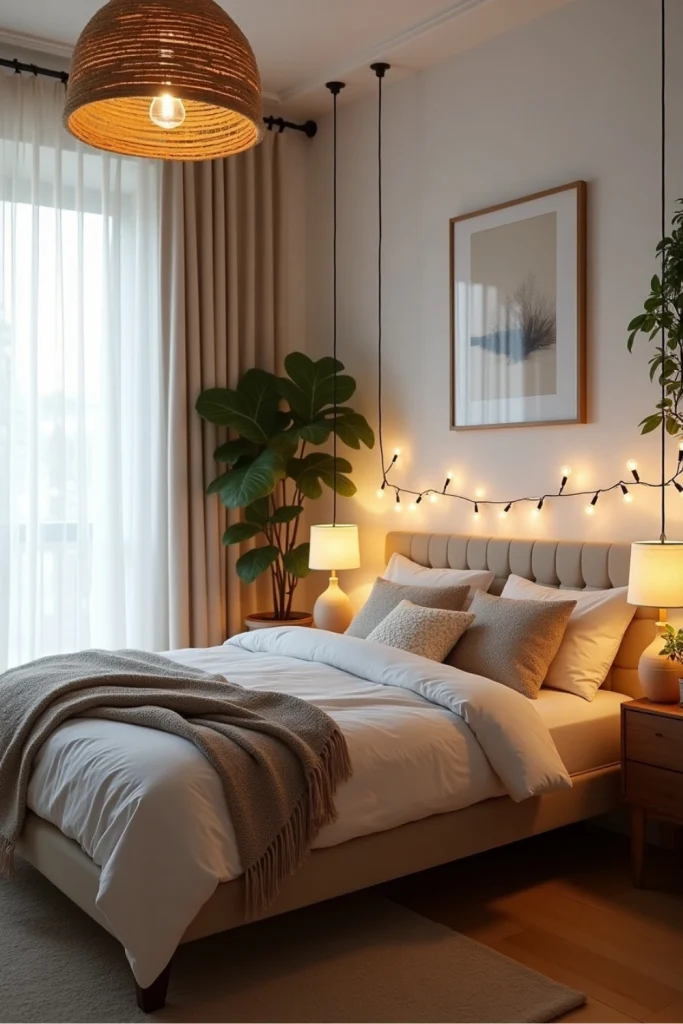 Scandinavian-Boho bedroom with layered warm lighting, soft textiles, and cozy natural decor.