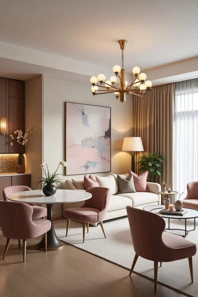 Soft glam living-dining room with velvet chairs, boucle sofa, brass lighting, and warm accents.