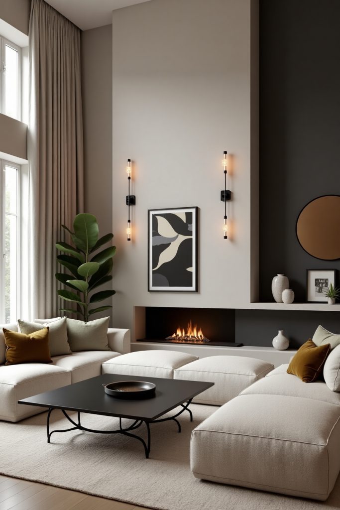 Modern living room with boucle sofa, black sconces, charcoal wall, and cozy layered textures.