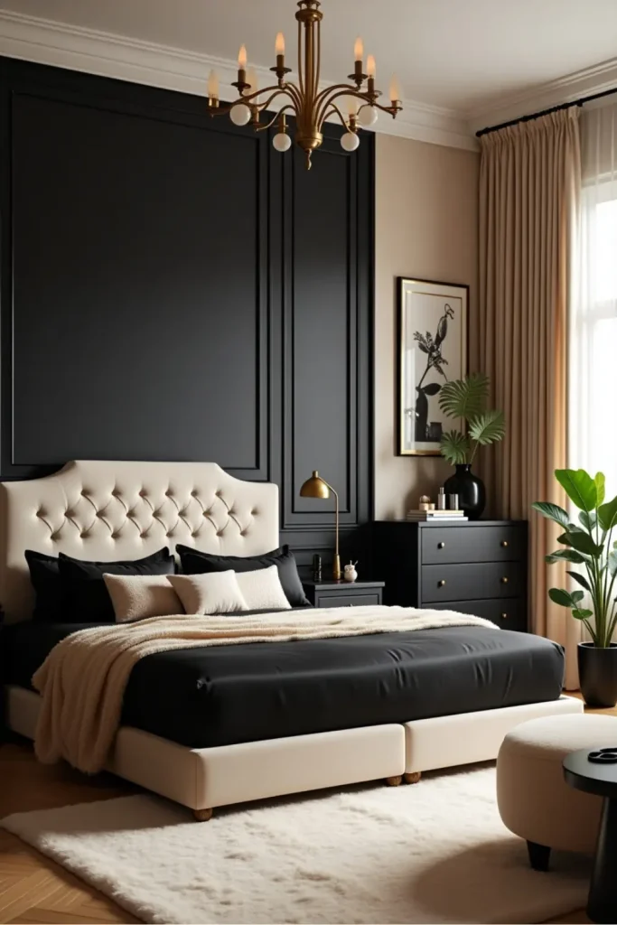 Luxurious beige and black Art Deco bedroom with gold accents, velvet headboard, and faux fur rug.