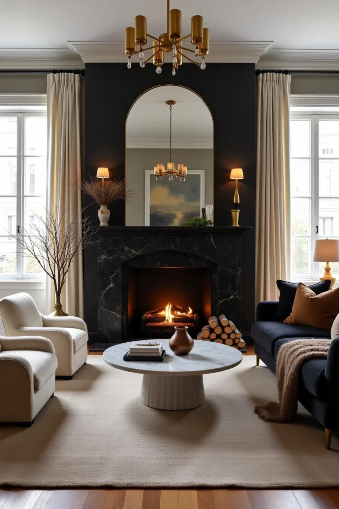 Luxurious Parisian-style living room with black fireplace, velvet sofa, and marble accents
