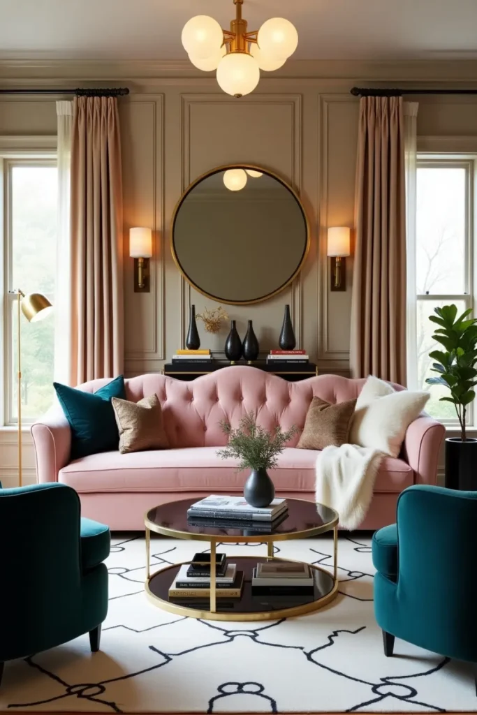 Blush velvet sofa with teal chairs, silk curtains, and brass Deco decor in a luxe living room.