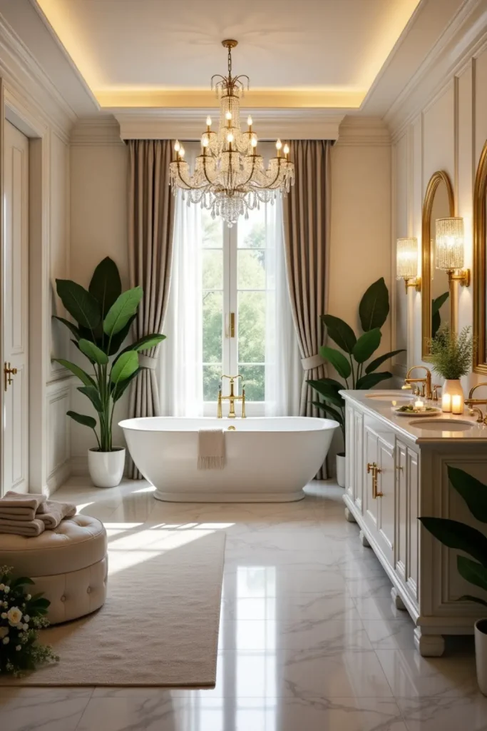 Luxury bathroom with tub, chandelier, gold accents, plants, and marble vanity in warm light.