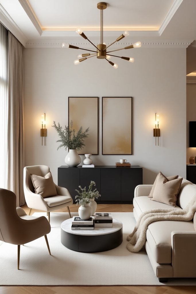 Elegant living room with gold mirror, cream sofa, marble table, and warm, minimalist decor