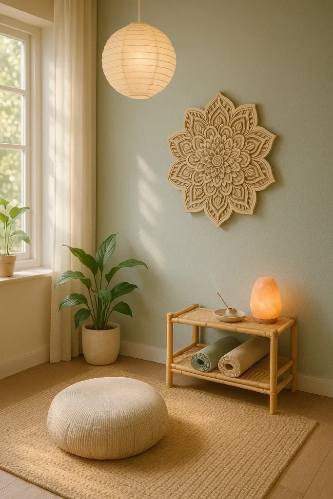 Serene meditation corner with carved wood mandala wall art, floor cushion, plants, and warm lighting.