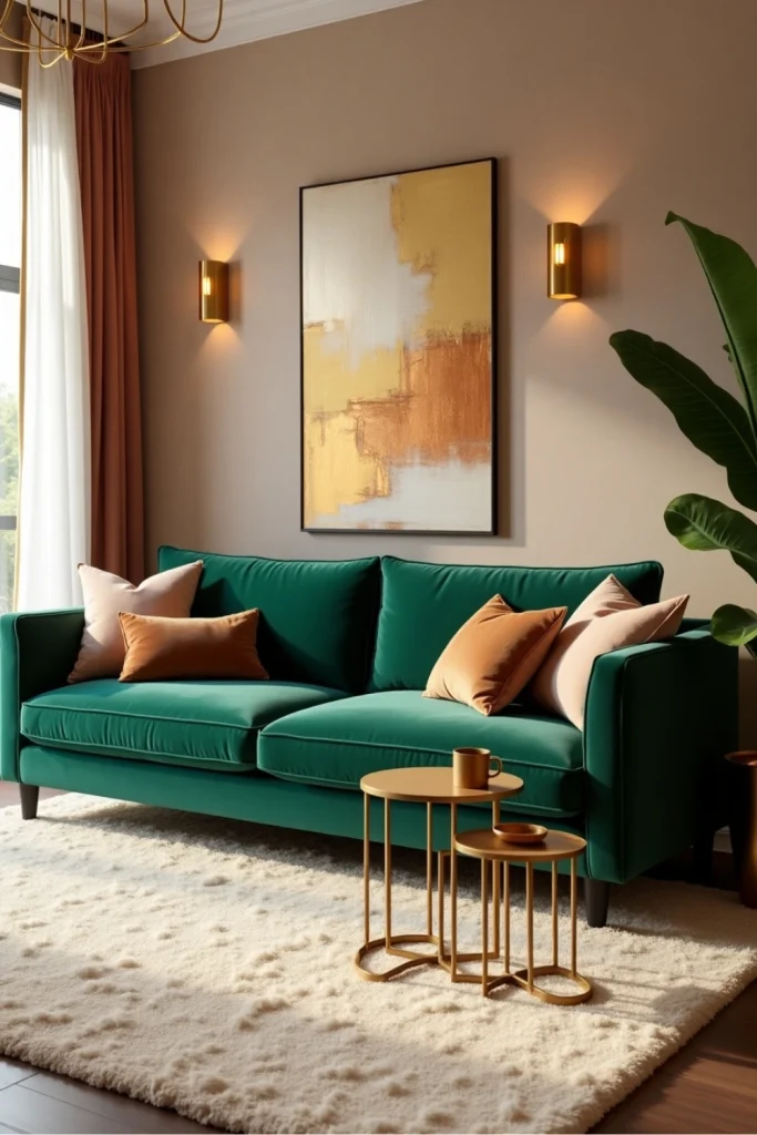 Elegant glam living room with velvet sofa, gold accents, abstract art, and cozy soft-textured decor.