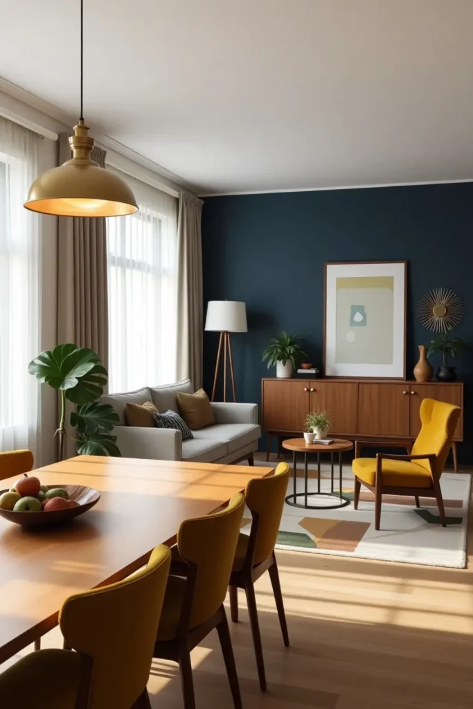 Mid-century modern living-dining combo with teak table, mustard chairs, and retro decor elements.