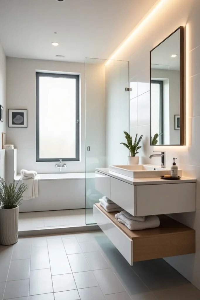 Sleek minimalist bathroom with white tiles, floating vanity, plant, and chrome fixtures in warm light.