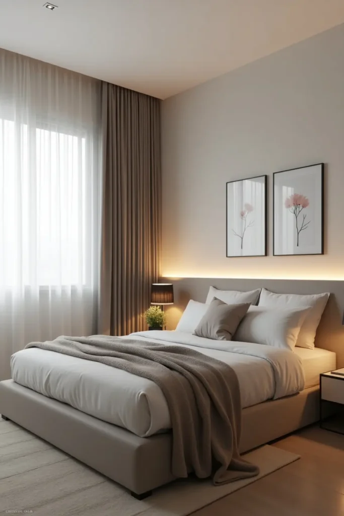 Minimalist cozy bedroom featuring a low-profile bed, neutral tones, soft lighting, and a plant for natural serenity.