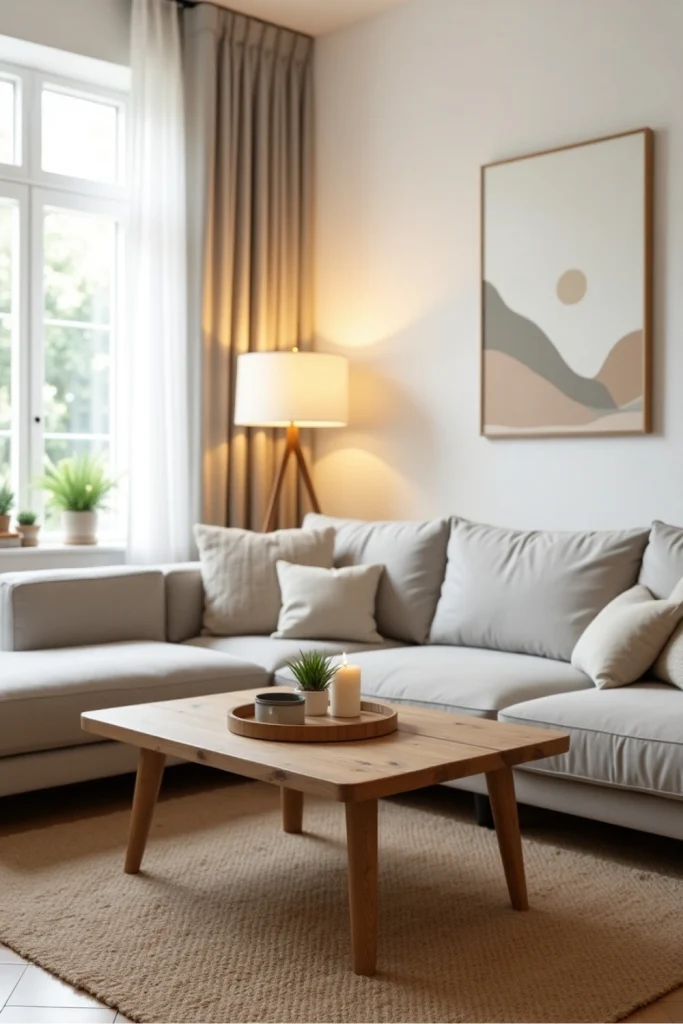 Minimalist living room with DIY tray, soft gray sofa, geometric art, warm lighting, and plants.