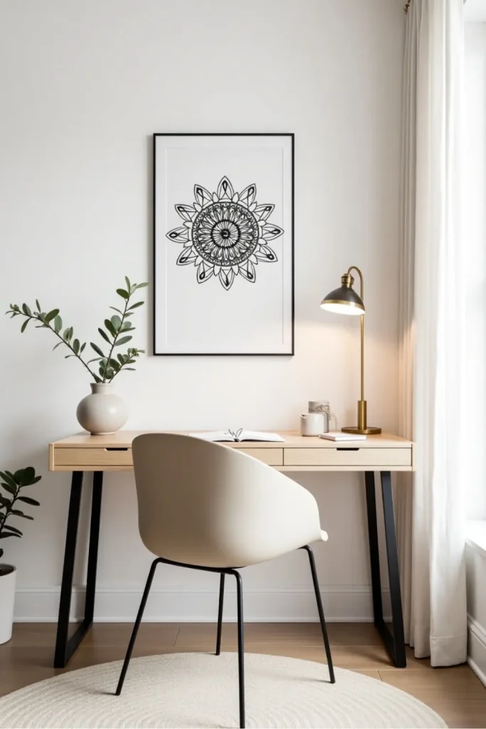 Minimalist home office with black-and-white mandala art, neutral tones, soft light, and modern decor