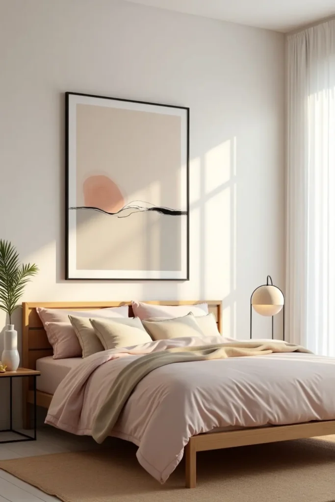 Minimalist bedroom with pastel bedding, abstract wall art, oak bed, and soft ambient lighting.