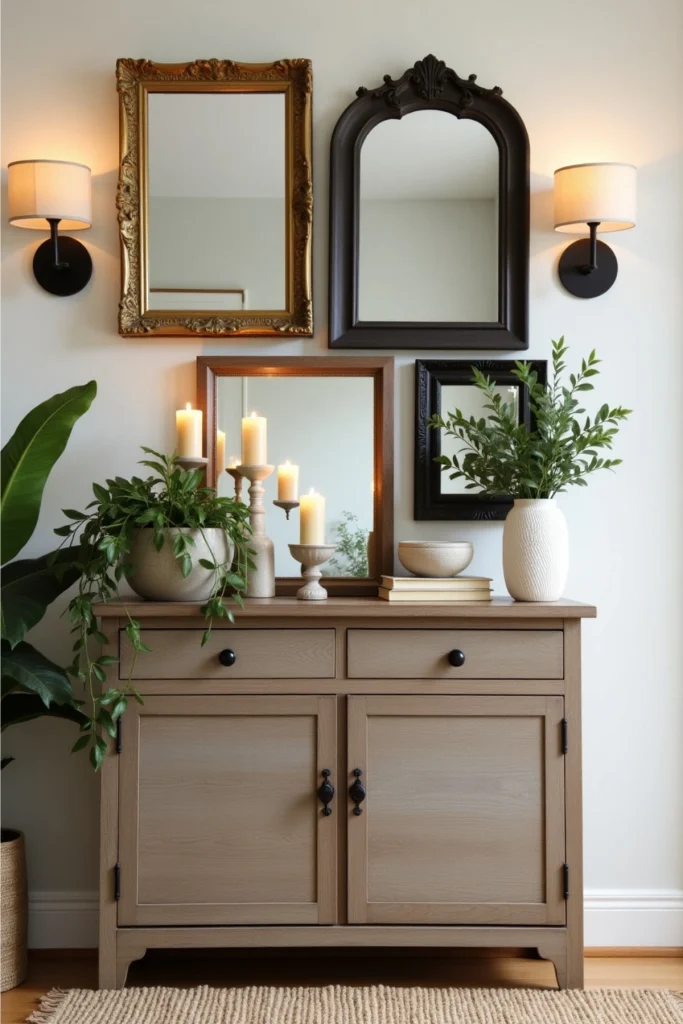 Eclectic mirror wall with gold, wood, and chalk-painted frames above a styled vintage console.