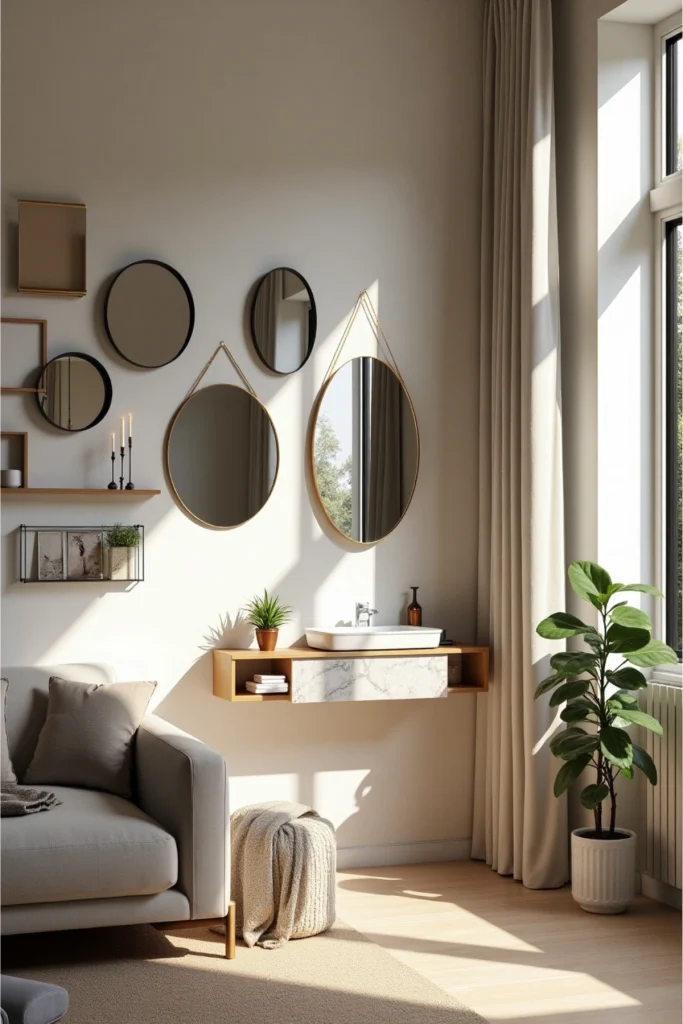 Gallery wall, round mirror shelf, frameless vanity mirror, gym panels—all in one warm-toned space.
