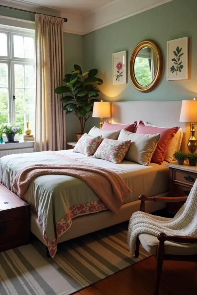 Vintage master bedroom with floral bedding, striped rug, damask curtains, plants, and soft lighting.