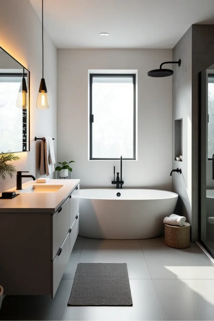 Modern bathroom with smart mirror, black fixtures, freestanding tub, and warm LED lighting.