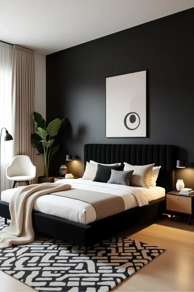 Modern black and beige bedroom with tufted bed, geometric pillows, and sculptural lighting.