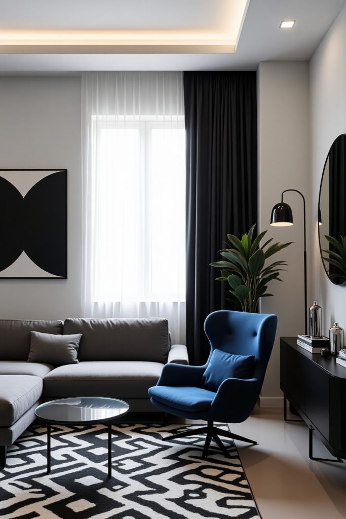 Modern living room with gray sofa, blue accent chair, black decor, and geometric wall art.